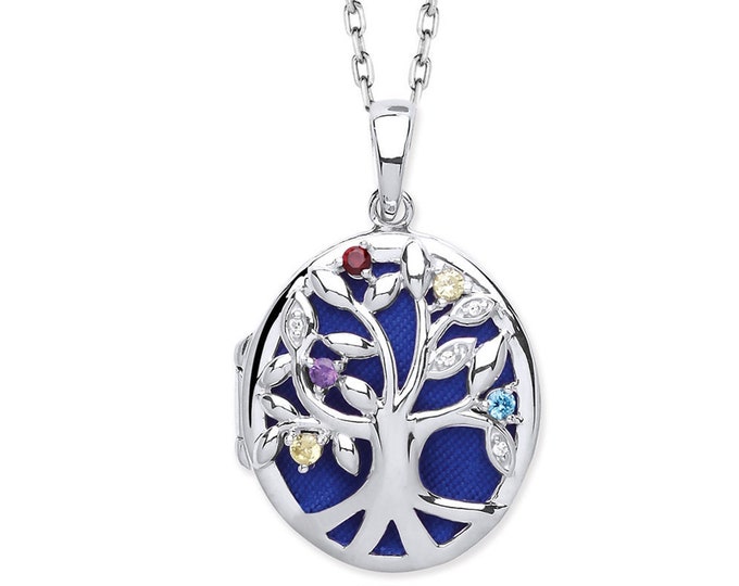 Sterling Silver Tree of Life Oval Shaped 2 Photo Locket With Multi Coloured Cz Stones