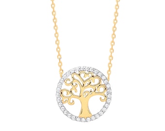9ct Yellow Gold 1.5cm Tree of Life Cz Surround Disc Charm 18" Necklace - Real 9K Gold