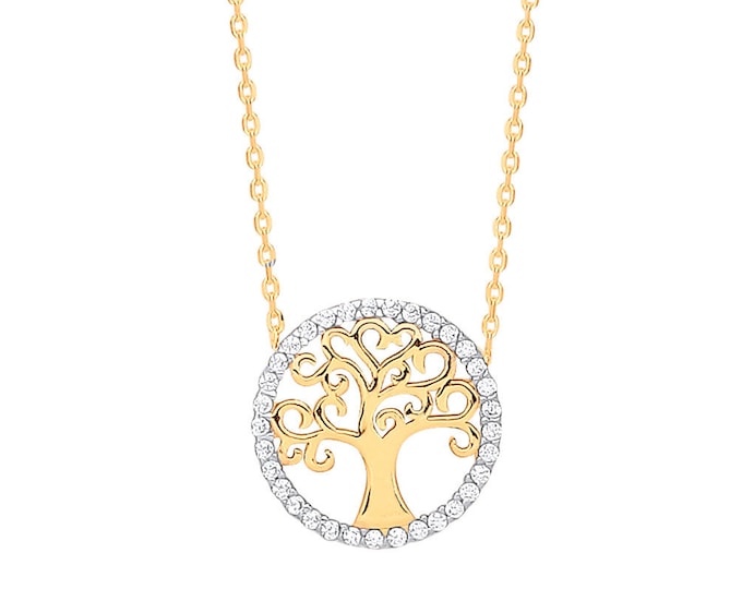 9ct Yellow Gold 1.5cm Tree of Life Cz Surround Disc Charm 18" Necklace - Real 9K Gold