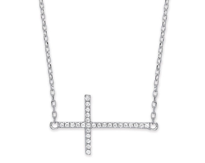 Sterling Silver Cz Pave 2cm Sideways Cross Pendant on 16"-18" Chain