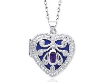 Sterling Silver Cut Out Scroll Heart Shaped 2 Photo Locket With Purple Oval Cz Stone