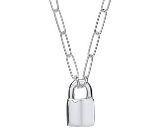 Ladies 925 Sterling Silver 17mm Padlock Charm 18" Paperclip Chain Necklace