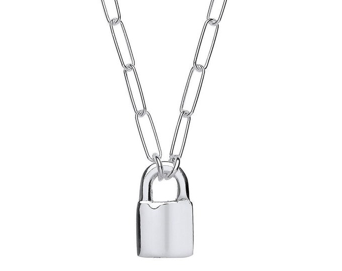 Ladies 925 Sterling Silver 17mm Padlock Charm 18" Paperclip Chain Necklace