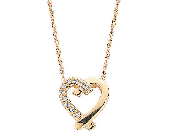 9ct Gold Yellow Gold Cross My Heart 0.05ct Diamond Set Pendant on 18" Necklace - Real 9K Gold