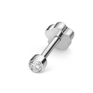 9ct White Gold Solitaire 0.03ct Rubover Diamond Cartilage 6mm Bar SINGLE Stud Screw Back Earring - Real 9K Gold