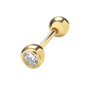 SINGLE 9ct Yellow Gold 3.5mm Rubover Cz Barbell Cartilage 6mm Bar Stud Screw Back Earring - Real 9K Gold