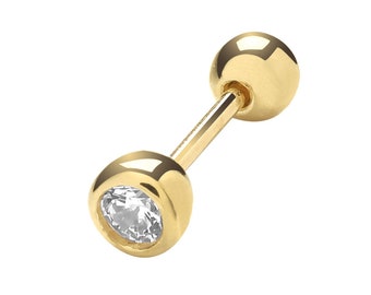 SINGLE 9ct Yellow Gold 3.5mm Rubover Cz Barbell Cartilage 6mm Bar Stud Screw Back Earring - Real 9K Gold