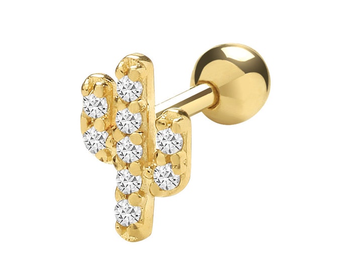 9ct Yellow Gold Cz Cactus Plant Cartilage 6mm Post Screw Back Single Stud Earring - Real 9K Gold