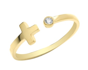 Ladies 9ct Yellow Gold Sideways Cross & Rubover Cz Torque Ring Hallmarked 375 - Real 9K Gold