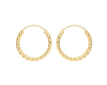 9ct Yellow Gold 9mm Diameter Twisted Threader Sleeper Hoop Earrings - Real 9K Gold