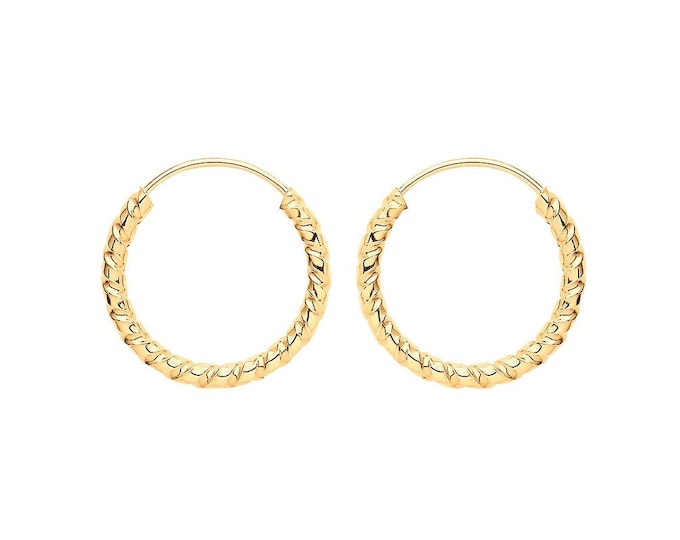 9ct Yellow Gold 9mm Diameter Twisted Threader Sleeper Hoop Earrings - Real 9K Gold