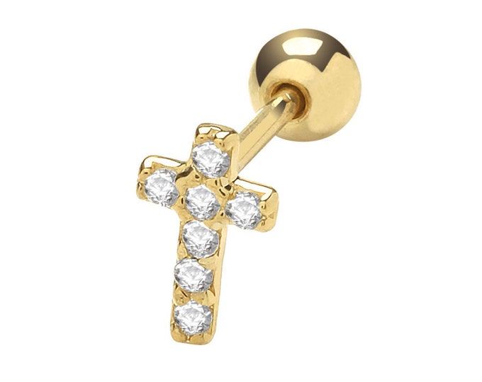 9ct Yellow Gold Cz  Pave Cross Helix Cartilage 6mm Post Screw Back Single Stud Earring - Real 9K Gold
