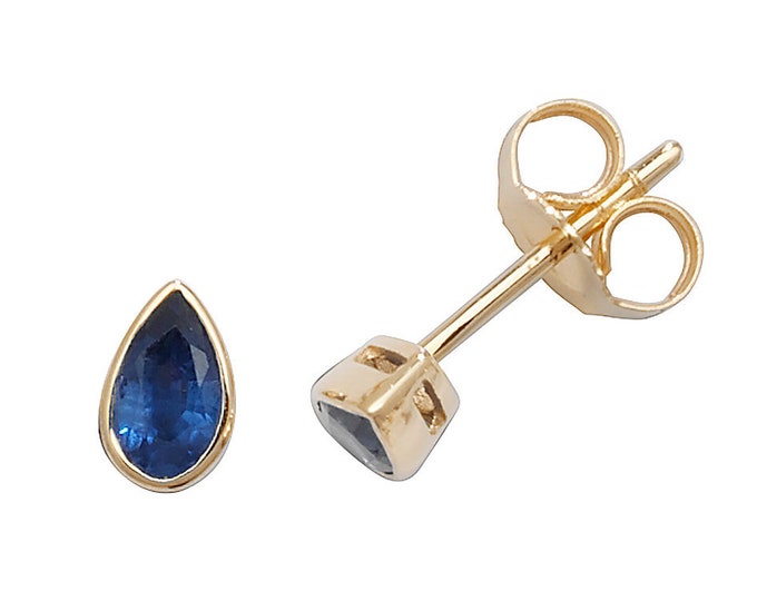 Pear Cut Blue Sapphire 5x3mm Rubover Set Stud Earrings 9K Yellow Gold Real Sapphire