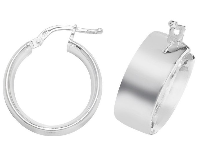 925 Sterling Silver Plain Polished 8mm Wide Flat Hoop Earrings - Choice of sizes