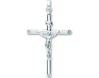 Large 5.5cm Round Tube INRI Crucifix Cross Pendant 925 Sterling Silver