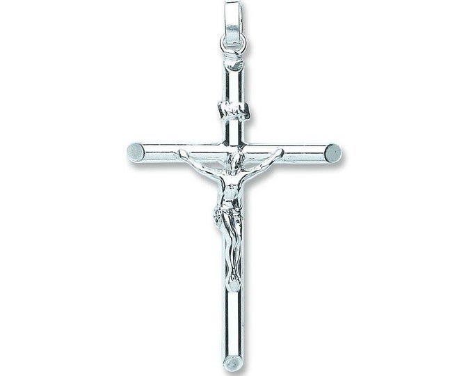 Large 5.5cm Round Tube INRI Crucifix Cross Pendant 925 Sterling Silver