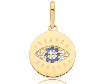 9ct Yellow Gold 10mm Diameter Cz Evil Eye Round Disc Charm Pendant - Solid 9K Gold
