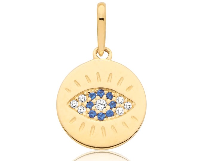 9ct Yellow Gold 10mm Diameter Cz Evil Eye Round Disc Charm Pendant - Solid 9K Gold