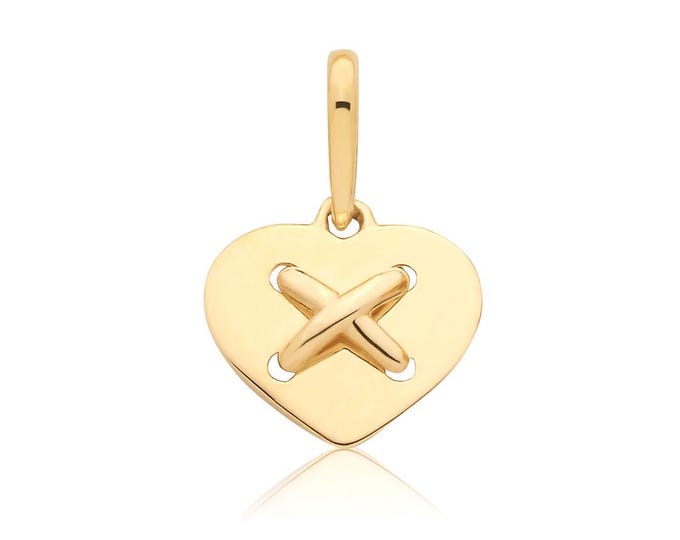 Small 9ct Yellow Gold 9mm Cross Your Heart Kiss Charm Pendant - Solid 9K Gold