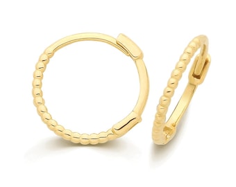 9ct Yellow Gold 11mm Diameter Bobble Bead Hinged Huggies Hoop Earrings - Real 9K Gold