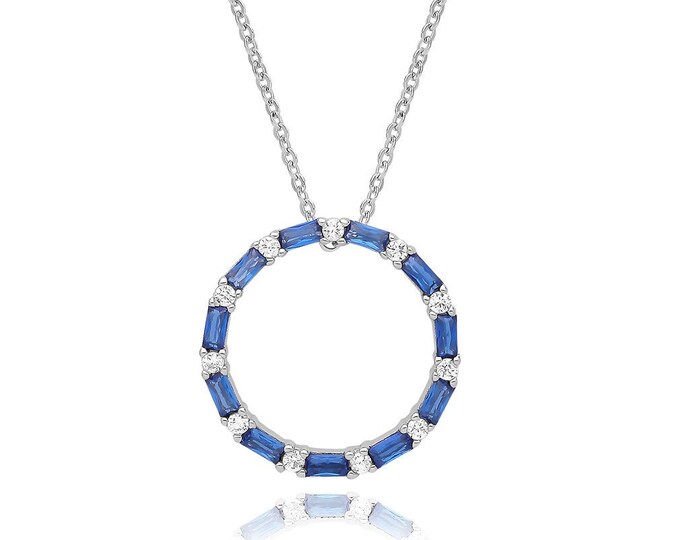 Rhodium Plated 925 Sterling Silver Sapphire Blue Cz Baguette & Round Cz Circle of Life  17" Necklace