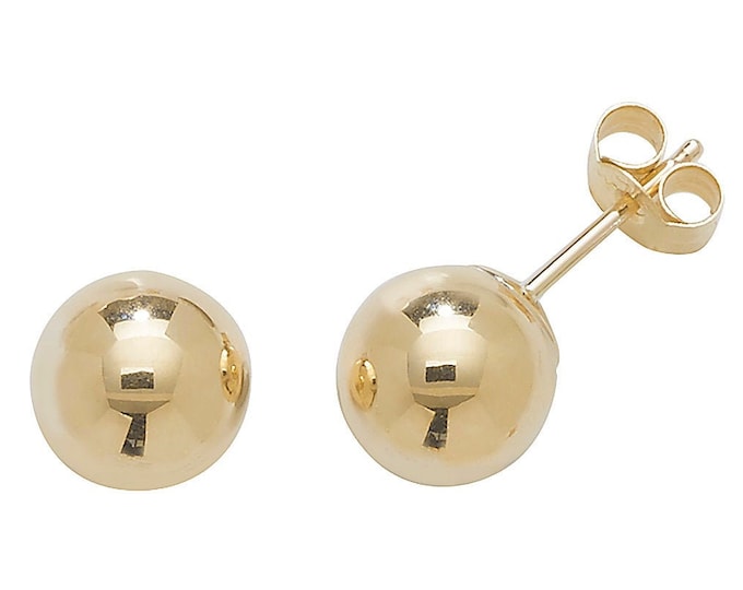 9ct Yellow Gold Plain 7mm Diameter Large Polished Ball Stud Earrings - Real 9K Gold