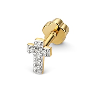 SINGLE 9K Gold 0.02ct Diamond Cross Stud Cartilage 6mm Bar Screw Back Earring - Solid 9K Gold