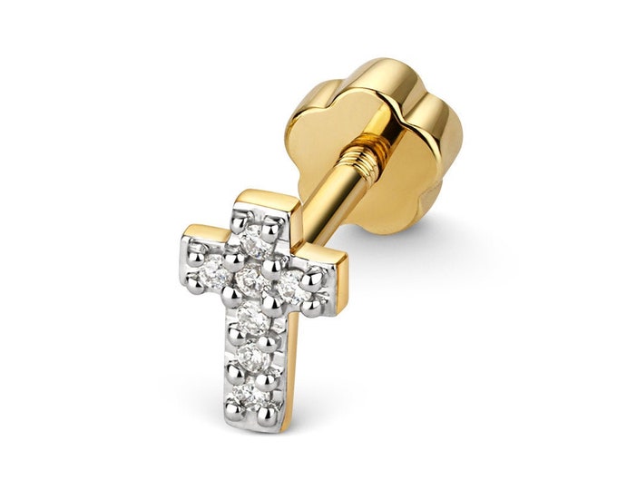 SINGLE 9K Gold 0.02ct Diamond Cross Stud Cartilage 6mm Bar Screw Back Earring - Solid 9K Gold