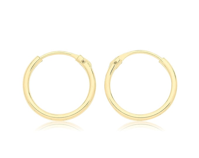 Pair of 9ct Yellow Gold 8mm Diameter Hinged Threader Sleeper Hoop Earrings - Real 9K Gold