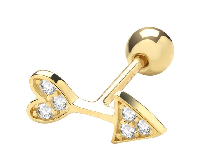 9ct Yellow Gold Helix Heart Arrow Cz Cartilage 6mm Post Screw Back Single Stud Earring - Real 9K Gold