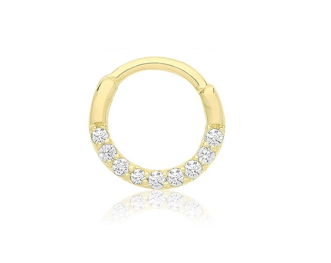 Single 9ct Yellow Gold 7mm Diameter Hinged Half ET Cz Septum Nose Ring- Real 9K Gold