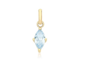 Small 9ct Yellow Gold Blue Marquise Shaped Cz 7x4mm Charm Pendant - Real 9K Gold