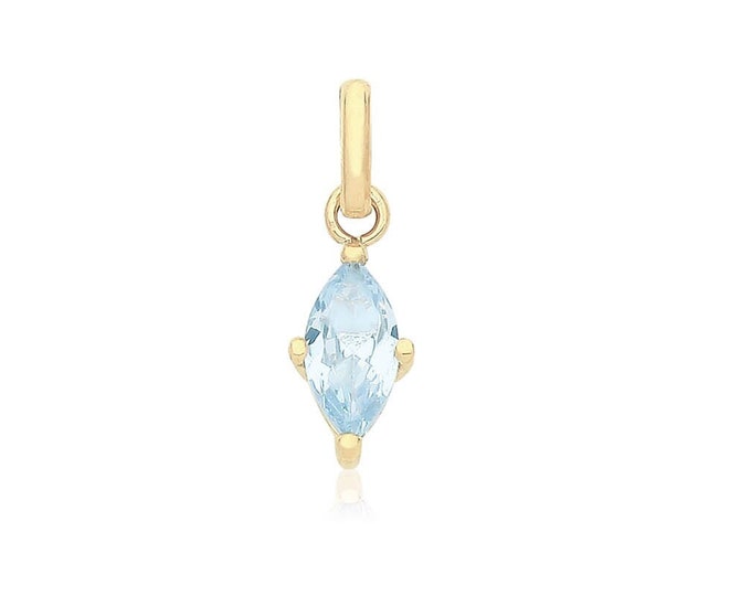 Small 9ct Yellow Gold Blue Marquise Shaped Cz 7x4mm Charm Pendant - Real 9K Gold