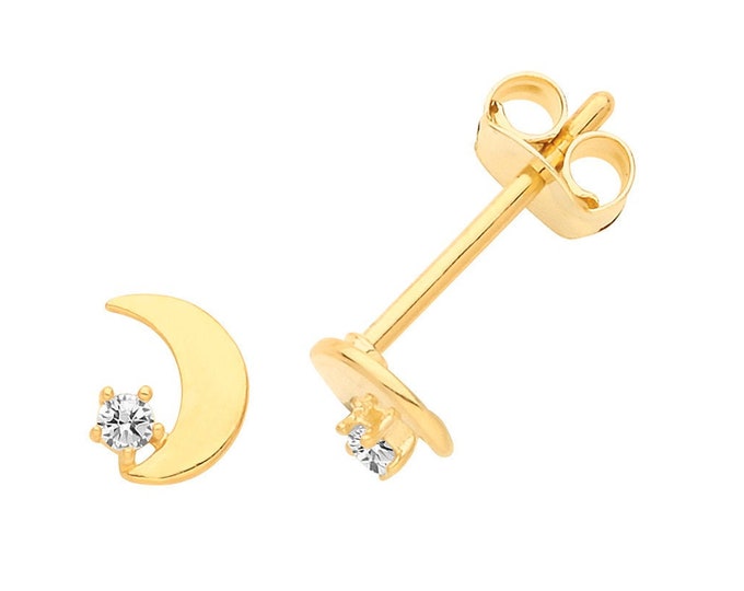 9ct Yellow Gold Small Cz Moon Stud Earrings- Real 9K Gold