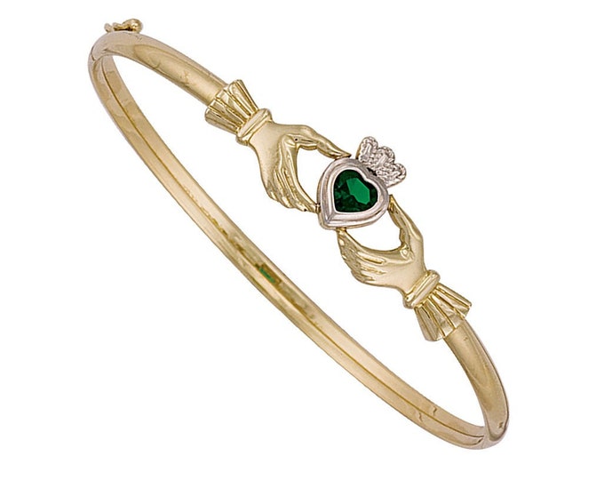 Ladies 9ct Yellow Gold Irish Claddagh Bangle With Green Heart Cz Hallmarked - Real 9K Gold