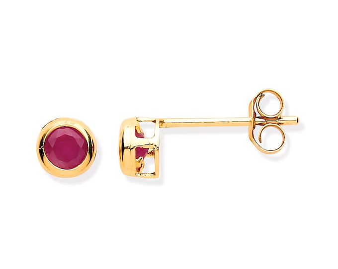 Ruby Stud Earrings - 9ct Yellow Gold 3mm Real Red Rubies Stud Earrings - Real 9K Gold