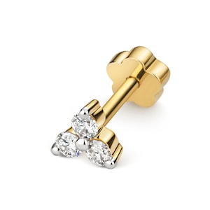 9ct Yellow Gold 0.09ct 3 Stone Claw Set Diamond Cartilage 6mm Bar Single Stud Screw Back Earring - Real 9K Gold