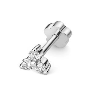 9ct White Gold 0.09ct 3 Stone Claw Set Diamond Cartilage 6mm Bar Single Stud Screw Back Earring - Real 9K Gold