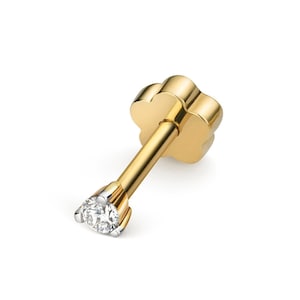 9ct Yellow Gold Solitaire 0.03ct 3 Claw Diamond Cartilage 6mm Bar SINGLE Stud Screw Back Earring - Real 9K Gold