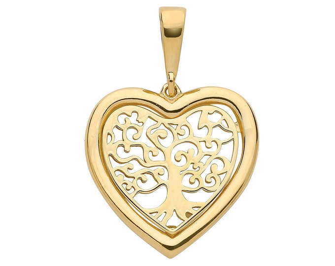 9ct Yellow Gold Heart Shaped Filigree Cut Out Tree of Life Pendant - Real 9K Gold