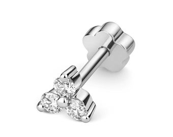 9ct White Gold 0.09ct 3 Stone Claw Set Diamond Cartilage 6mm Bar Single Stud Screw Back Earring - Real 9K Gold