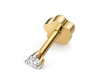 9ct Yellow Gold Solitaire 0.03ct 3 Claw Diamond Cartilage 6mm Bar SINGLE Stud Screw Back Earring - Real 9K Gold