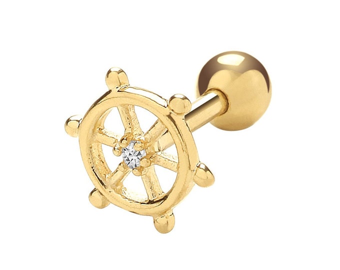 9ct Yellow Gold Nautical Ships Wheel Cartilage 6mm Post Screw Back Single Stud Earring - Real 9K Gold