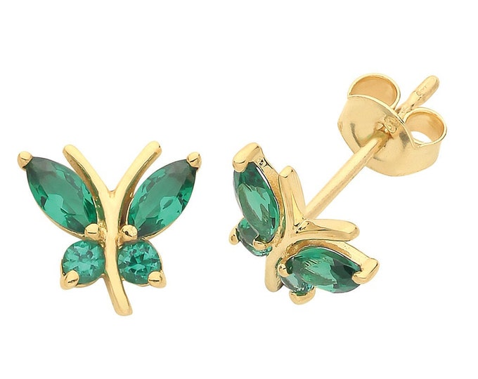 9ct Yellow Gold Emerald Green Cz Butterfly Stud Earrings 6x5mm - Real 9K Gold