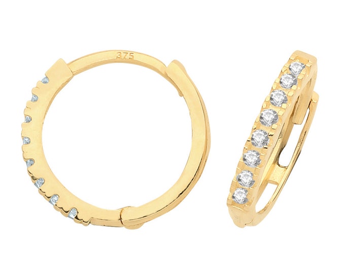 9ct Yellow Gold Half Cz Claw Set 10mm Diameter Hinged Hoop Earrings - Real 9K Gold