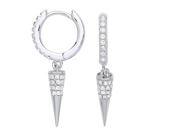 925 Sterling Silver 12mm Claw Set Cz Hinged Huggies Earrings With Conical Drop Charm