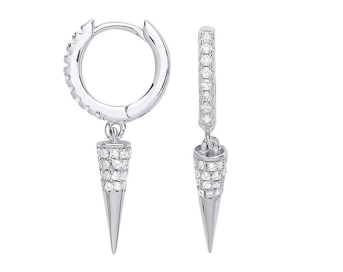 925 Sterling Silver 12mm Claw Set Cz Hinged Huggies Earrings With Conical Drop Charm