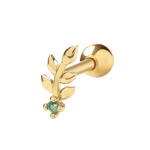 9ct Yellow Gold Emerald Cz Leaf Design Cartilage 6mm Post Screw Back SINGLE Stud Earring - Real 9K Gold