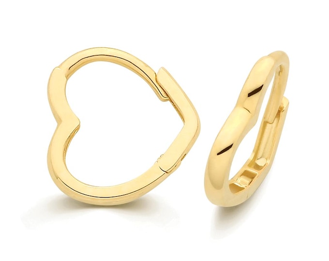 9ct Yellow Gold 10mm Plain Heart Shaped Hinged Huggies Hoop Earrings - Solid 9K Gold