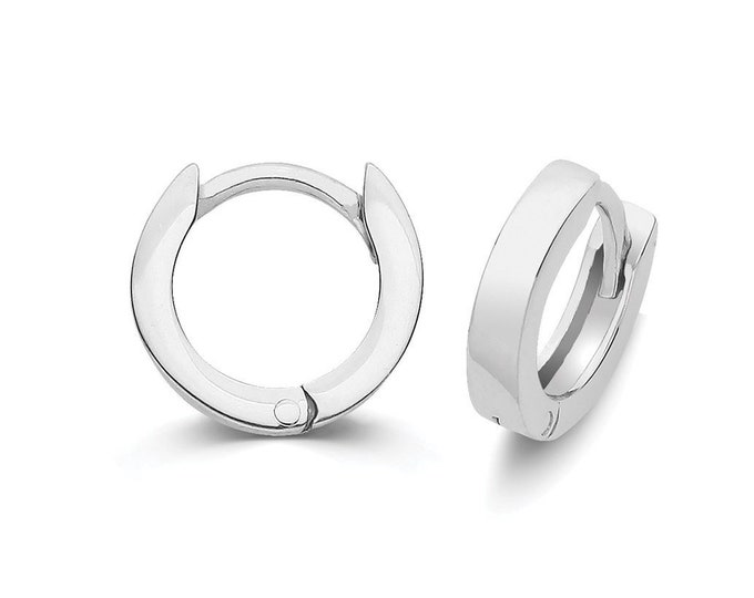 Rhodium Plated 925 Sterling Silver Squared Clicker Huggies Hoop Earrings 8mm 10mm 12mm 15mm 17mm